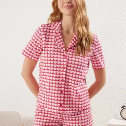 Trendyol Women Printed Lapel Collar Short Sleeves Pure Cotton Night suit-picture-43