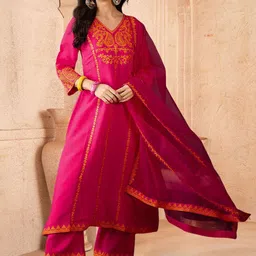 Sangria Embroidered Round Neck Kurta, Trouser With Dupatta Set-46