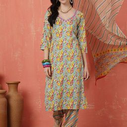 Anouk Floral Printed V-Neck Thread Work Straight Kurta With Trousers And Dupatta-image-23