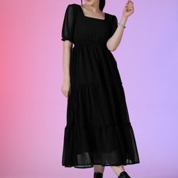 Krunal Raiyani Women Square Neck Puff Sleeves Fit & Flare Dress-image-63