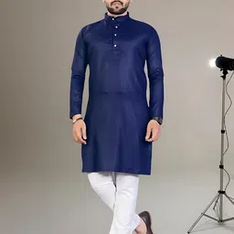 PoshSide Men Solid Straight Kurta (Blue)-image-57