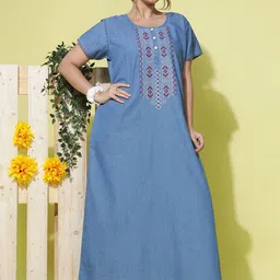 9shines Label Women Embroidered Pure Cotton Maxi Nightdress-image-58