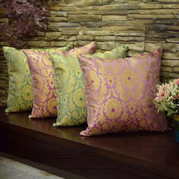 RoyalDeco Lavender & Green 4 Pieces Embroidered Square Cushion Covers-2