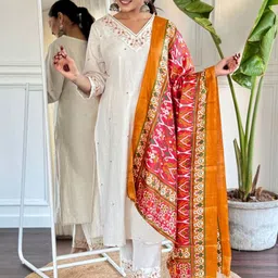 Moda Rapido Floral Embroidered V-Neck Thread Work Straight Kurta With Trousers & Dupatta-32