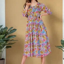 SZN Floral Printed Puff Sleeves Fit And Flare Dress With Ruffles-picture-42