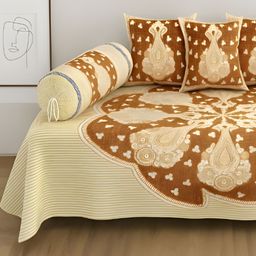 UrbanArts Set Of 6 Gold & Beige Printed Pure Cotton Diwan Set-image-138