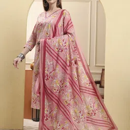 Yufta Women Floral Printed Pure Cotton Kurta with Trouser & Dupatta-image-72
