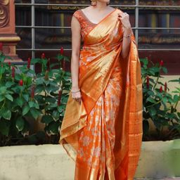 CaniBani Orange Silk Blend Banarasi Sarees-picture-6