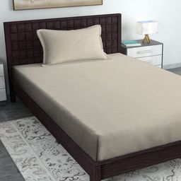 SOKNACK Cream-Coloured 300 TC Single Bedsheet with 1 Pillow Covers-image-89