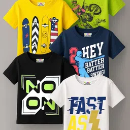 KUCHIPOO Boys Pack of 5 Typography Printed Applique Cotton T-shirt-picture-25
