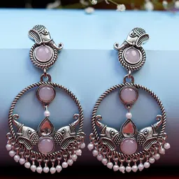 Zoey German Silver-Plated Stones Studded & Beaded Animal Shaped Oxidised Drop Earrings-image-48