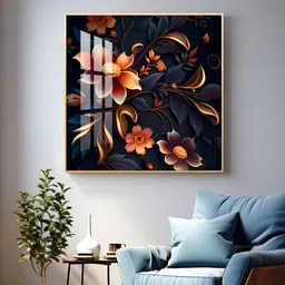 THE NEXT DECOR Gold-Toned & Orange Petals in Bloom Glass Finish Square Wall Art-picture-36