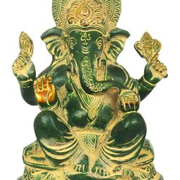 Exotic India Green & Yellow Lord Ganesha Religious Brass Idol Showpiece-image-29