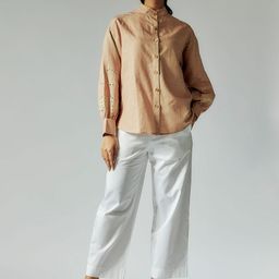 Maisolos Mandarin Collar Cut-Work Detail Cotton Linen Shirt & Trousers-picture-22