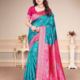 SUPERLAXMI Woven Design Zari Banarasi Saree With Unstitched Blouse Piece-image-64
