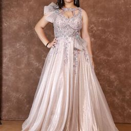 Olive Embroidered Mock Neck & Sleeveless Net Ball Gown Dress-image-42