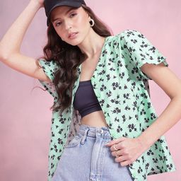 DressBerry Floral Print Crochet Detail Flared Sleeves Shirt Style Top-image-87