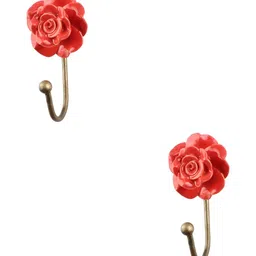 IndianShelf Red & Gold-Toned 2 Pieces Floral Ceramic Wall Hooks-5