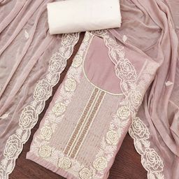 KALINI Floral Embroidered Sequinned Roman Cotton Unstitched Dress Material-image-16