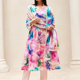 Indo Era Women Floral Embroidered Regular Thread Work Kurta with Trousers & With Dupatta-43