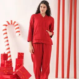 JISORA Solid Hooded Long Sleeves Pure Cotton Co-ord Set-image-76