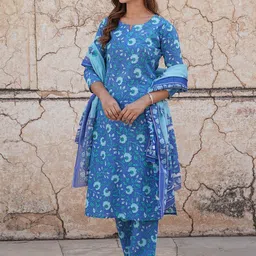 KALINI Floral Printed Pure Cotton Kurta With Trousers & Dupatta-picture-48