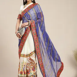 KAVINDI Ethnic Motifs Kutchi Embroidery Pure Georgette Half and Half Bandhani Saree-image-42