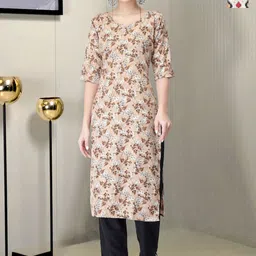 HERE&NOW Selection Of 2 Floral Printed Round Neck Straight Kurta With Trousers-picture-7
