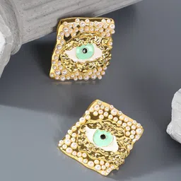 SOHI The Dented Evil Eye Gold-Plated Pearls Beaded Square Studs image 2
