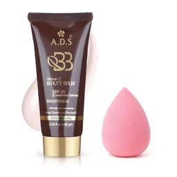 A.D.S SPF-20 Vitamin C Beauty Balm Foundation & Sponge Beauty Blender Puff, 60gm Shade-01-44