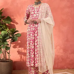 Shae by SASSAFRAS Floral Printed Round Neck Anarkali Kurta With Palazzos & Dupatta-picture-15