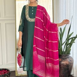 KALINI Women Woven Design Embroidered Kurta with Trousers & Dupatta-picture-38