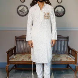 PS MEN BY PAYAL SINGHAL Floral Embroidered Beads and Stones Pure Cotton Kurta & Pyjamas-image-38