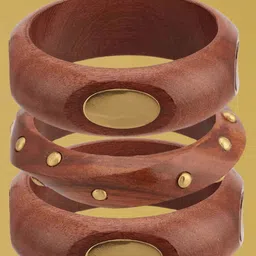 ATIBELLE Set Of 3 Gold-Plated Beaded & Round-Square Twisted Shaped Wooden Bangles-6