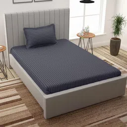Fabture Grey Striped 210 TC Single Bedsheet with 1 Pillow Covers-image-16