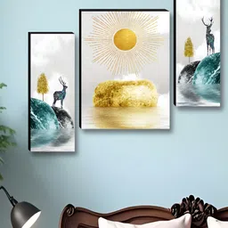 SAF Gold-Toned & White 3 Pieces Deer & Sun Rise Printed Wooden Wall Art-16