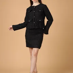 SAFFE Textured Round Neck Long Sleeves Jacket With Above Knee Skirt Co-Ords-image-46