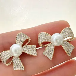 Celestria korean Pearls Zircon Studded Bow Shaped Drop Earrings-4