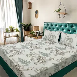 KLOTTHE Cream Coloured & Green Floral Printed 300 TC King Bedsheet Set 2.5 m x 2.25 m-14