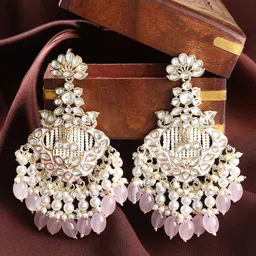 Priyaasi Gold-Plated Kundan Stone Studded & Pearls Beaded Floral Design Drop Earrings-33