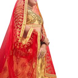 MANVAA Beige & Red Embroidered Thread Work Semi-Stitched Lehenga & Unstitched Blouse With Dupatta-39