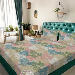 KLOTTHE Multi Floral 300 TC Cotton Blend Fitted Double Bedsheet-image-49