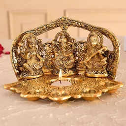 CRAFTAM Gold-Toned Laxmi Ganesh Saraswati Darbar with five Diya Religious Idol Showpiece-11