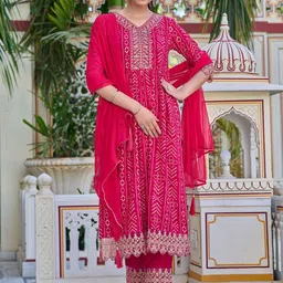 KALINI Women Bandhani Printed Panelled Sequinned Kurta with Trousers & With Dupatta-15