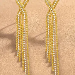 Rubans 18K Gold-Plated Cubic Zirconia Studded Teardrop Shaped Tasselled Drop Earrings-picture-43