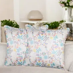 Vendola White & Blue 2 Pieces Floral Embroidered Velvet Square Shaped Cushion Covers-49