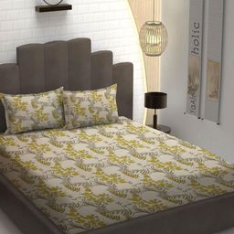 YaAkholic Beige & Green Ethnic Motifs 210 TC Queen Bedsheet with 2 Pillow Covers-image-5