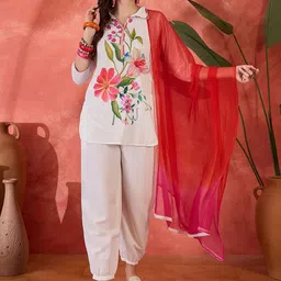 Sangria Embroidered Shirt Collar Style Kurta With Trouser & Dupatta Set-image-56