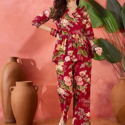 Sangria Floral Printed Cotton Ruffled Tunic With Trousers Co-Ords-picture-24