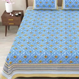 Myntra Elegant Homes Blue & Yellow Cotton Floral 180 TC King Bedsheet with 2 Pillow Covers-picture-29